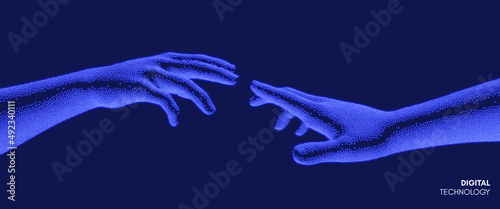 Hands reaching towards each other. Concept of human relation, togetherness or  partnership. 3D vector illustration. Can be used for advertising, marketing or presentation.
