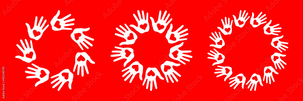 Set of white hand print with heart circle icons. Handprint emblems. Hand round insignia. Vector logo Set of white hand print with heart circle icons. Handprint emblems. Hand round insignia. Vector logo