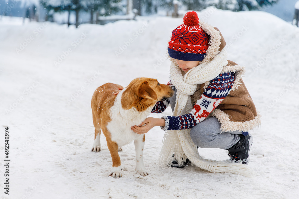 Boy in red hat and white scarf and adorable ginger dog is sniffing his hand in winter snowy day. Concept of friendship. 