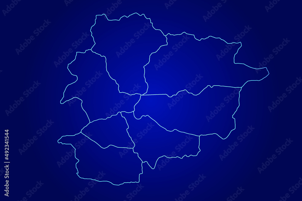Fototapeta premium Andorra Map of Abstract High Detailed Glow Blue Map on Dark Background logo illustration 