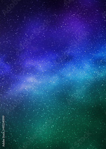 Fototapeta Naklejka Na Ścianę i Meble -  Night starry sky and bright blue green galaxy, vertical background