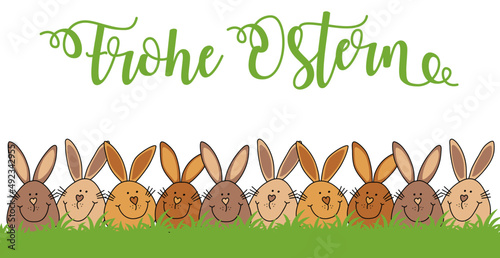 Osterkarte Frohe Ostern mit Osterhasen auf der Wiese, Cartoons