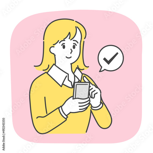 スマホでチェックするオフィスカジュアルな女性　シンプルでおしゃれなイラスト