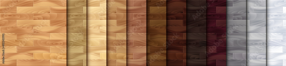 Realistic Wood textured seamless patterns set. Wooden plank, board, natural brown floor or wall repeat texture. Vector material pattern for design, flat interior, print, paper, photo background, decor