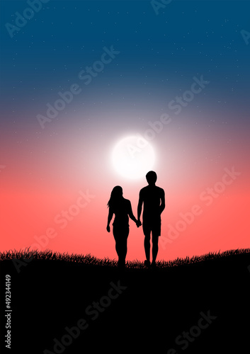 silhouette image A couple man and women standing on grass with look at the Moon in the sky at night time design vector illustration © piyaphunjun