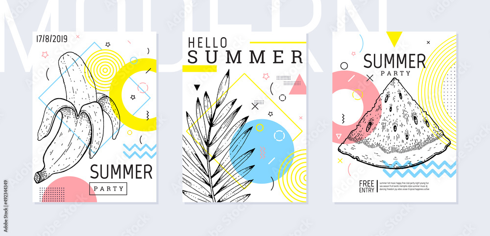 Summer party posters with sketch tropical fruit and leaves and abstract geometric pattern. Vector flyers of beach holidays with hand drawn banana, coconut, watermelon and palm leaves