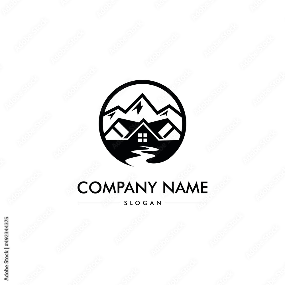 house logo with mountains and ocean in a circle outdoors,climbing,fishing,swimming .natural atmosphere house logo with mountains and ocean in a circle outdoors,climbing,fishing,swimming .natural atmosphere