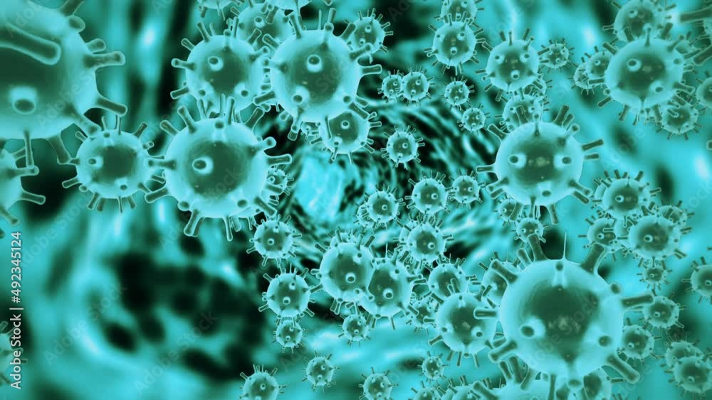 Virtual animated representation of covid19 coronavirus cells moving inside infected organism in the form of bright azure microorganisms on a black background. Abstract concept 3d rendering 4K video.