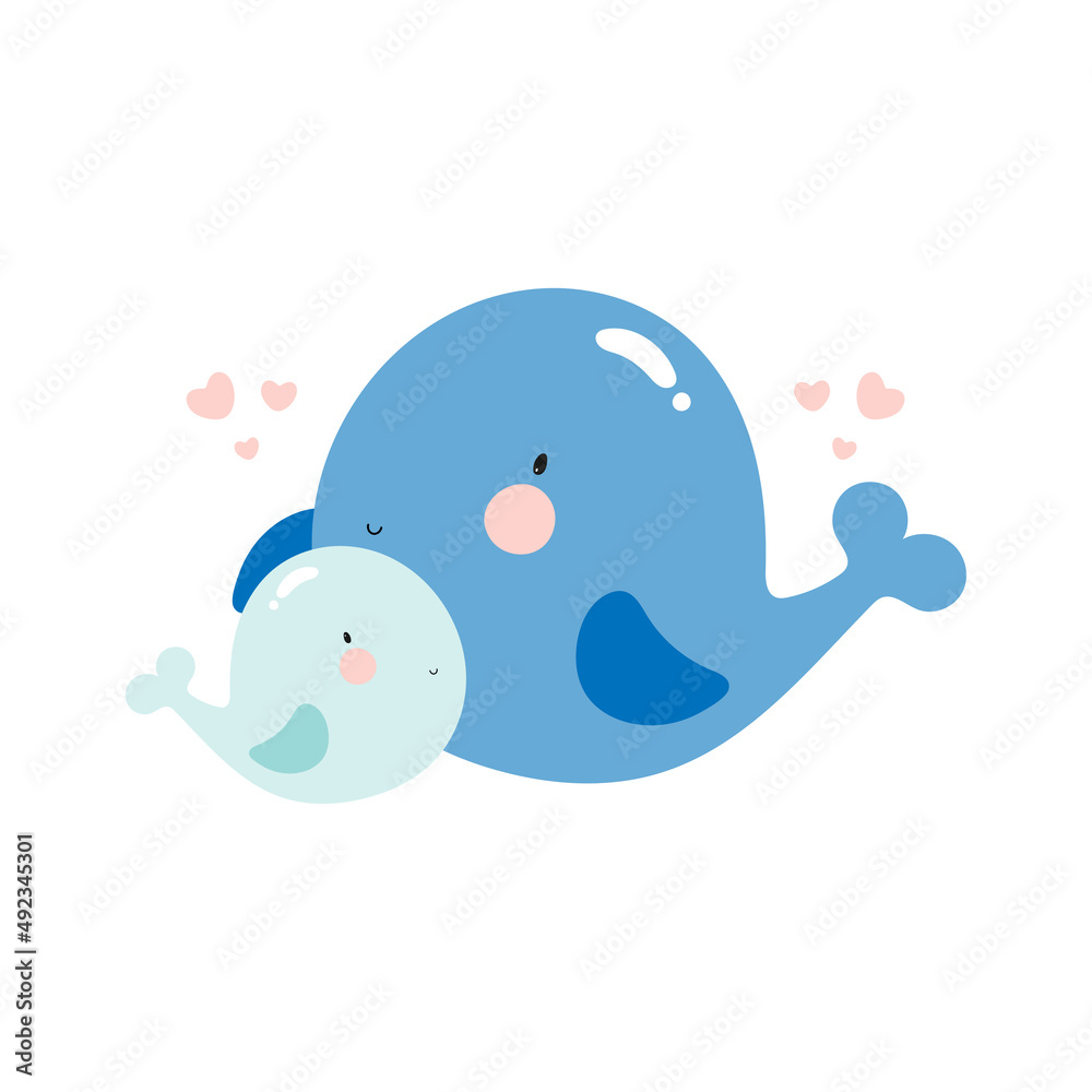Cute Whale with baby. Cartoon style. Vector illustration. For kids
