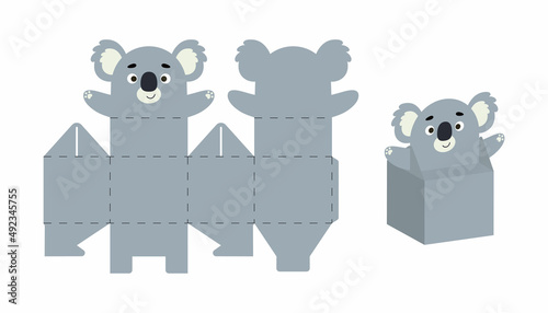 Cute party favor box koala design for sweets, candies, small presents. DIY package template for any purposes, birthdays, baby showers, Christmas. Print, cut out, fold, glue. Vector stock illustration.