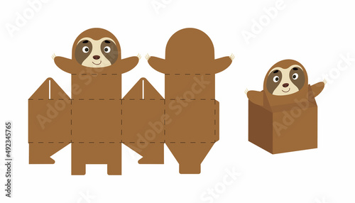 Cute party favor box sloth design for sweets, candies, small presents. DIY package template for any purposes, birthdays, baby showers, Christmas. Print, cut out, fold, glue. Vector stock illustration.