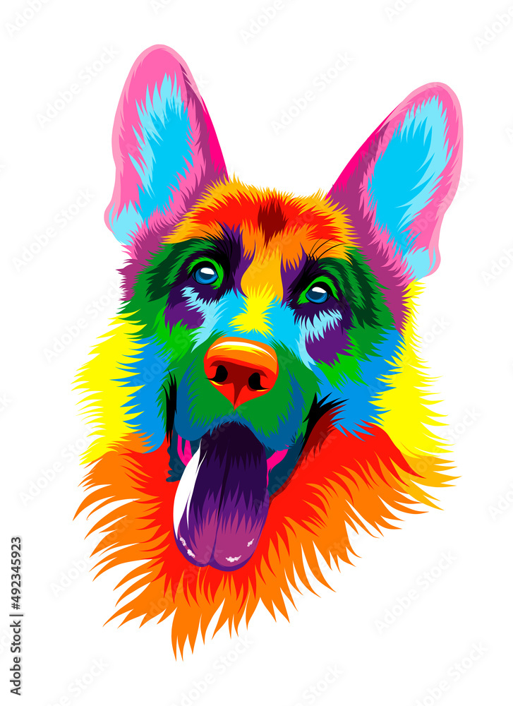 Abstract german shepherd dog head portrait from multicolored paints. Colored drawing. Vector illustration of paints