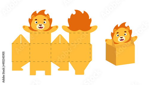 Cute party favor box lion design for sweets, candies, small presents. Package template for any purposes, birthdays, baby shower, Christmas. Print, cut out, fold, glue. Vector stock illustration