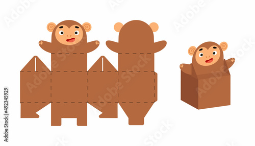 Cute party favor box monkey design for sweets, candies, small presents. Package template for any purposes, birthdays, baby shower, Christmas. Print, cut out, fold, glue. Vector stock illustration