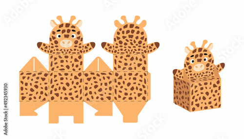 Cute party favor box giraffe design for sweets, candies, small presents. Package template for any purposes, birthdays, baby shower, Christmas. Print, cut out, fold, glue. Vector stock illustration