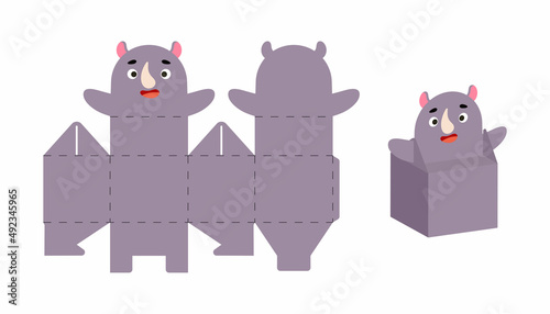 Cute party favor box rhino design for sweets, candies, small presents. Package template for any purposes, birthdays, baby shower, Christmas. Print, cut out, fold, glue. Vector stock illustration
