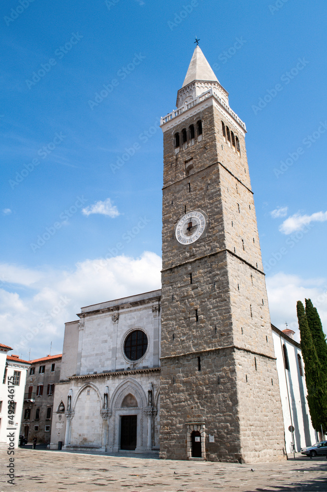 Church with a tall tower in the city of Koper in Slovenia.