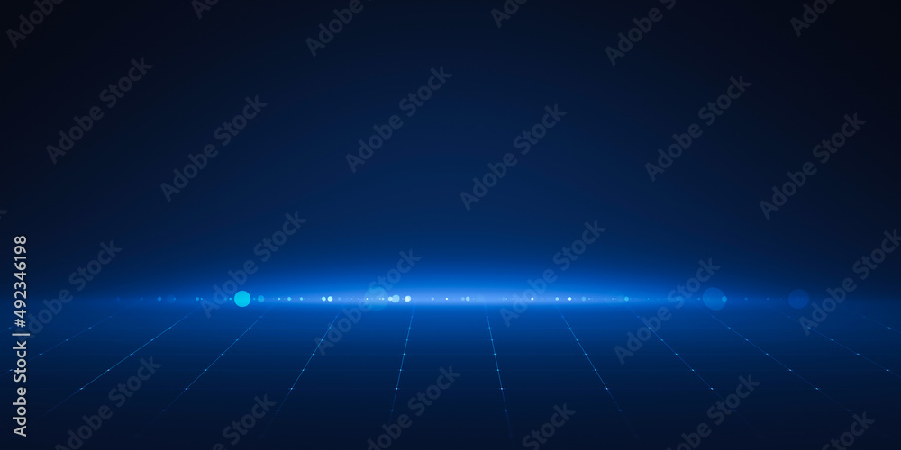 Dark blue abstract technology background of futuristic modern tech space wallpaper or future light connection network banner and particle element cyber wave backdrop on innovation neon pattern grid.