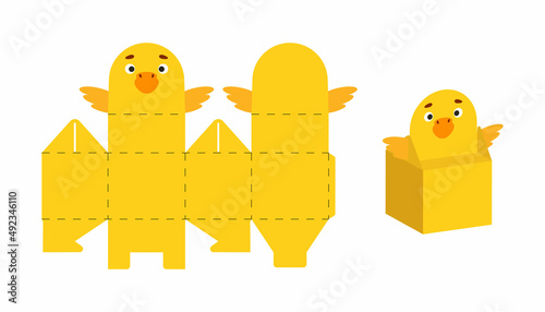 Cute party favor box duck design for sweets, candies, small presents. Package template for any purposes, birthdays, baby shower, Christmas. Print, cut out, fold, glue. Vector stock illustration photo
