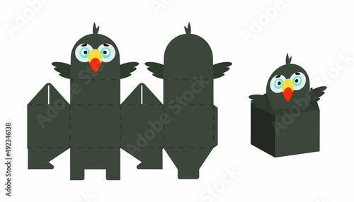 Cute party favor box toucan design for sweets, candies, small presents. Package template for any purposes, birthdays, baby shower, Christmas. Print, cut out, fold, glue. Vector stock illustration