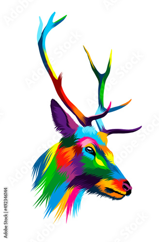 Abstract deer head portrait, cervus elaphus, dama dama from multicolored paints. Colored drawing. Vector illustration of paints