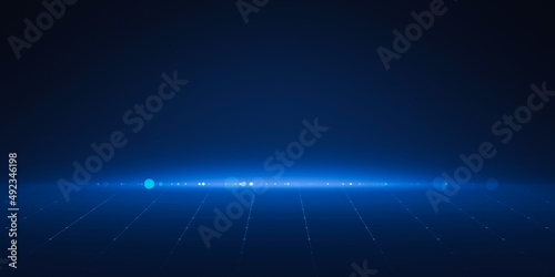 Dark blue abstract technology background of futuristic modern tech space wallpaper or future light connection network banner and particle element cyber wave backdrop on innovation neon pattern grid.