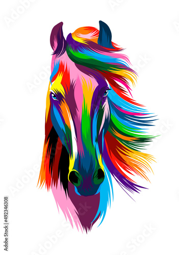 Abstract horse head portrait from multicolored paints. Colored drawing. Vector illustration of paints