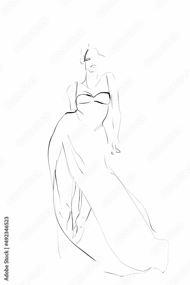 Young woman model in evening dress. Fashion illustration, sketch. Vector Young woman model in evening dress. Fashion illustration, sketch. Vector