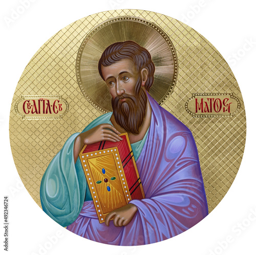 Round icon of the apostle and evangelist Matthew on a golden background for the iconostasis photo