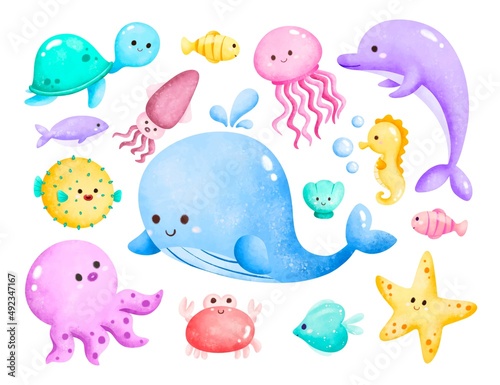 Watercolor Illustration Set of Sea Animals 