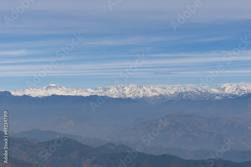 Himachal himalayan range telephoto capture. Indrasan peak in district kullu on left. Picture taken from Naina devi temple rewalsar