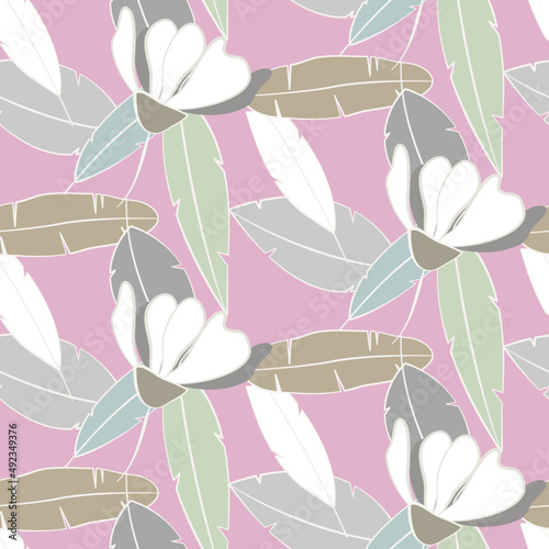 Vector seamless half-drop pattern  with leaves and flowers