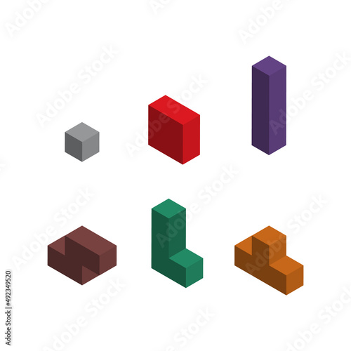 Set of color tetris isometric block, color puzzle icon , logic fun game vector illustration
