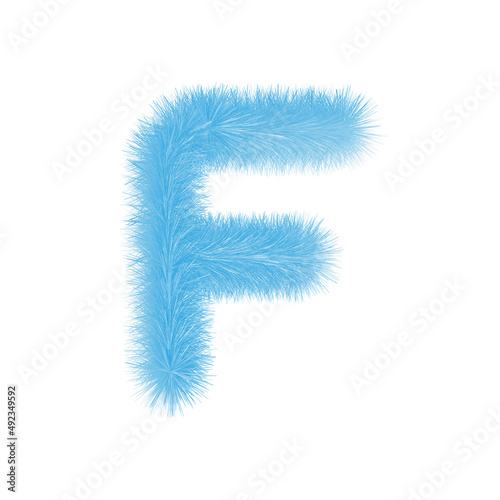 Feathered letter F font vector. Easy editable letters. Soft and realistic feathers. Blue, fluffy, hairy letter F, isolated on white background.