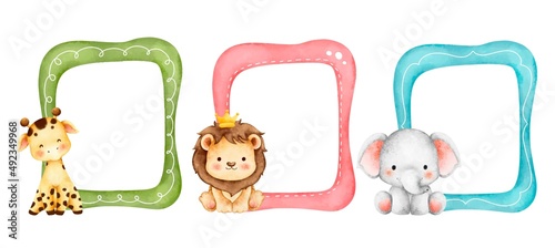 Watercolor Illustration set of Frame with Safari Animals 