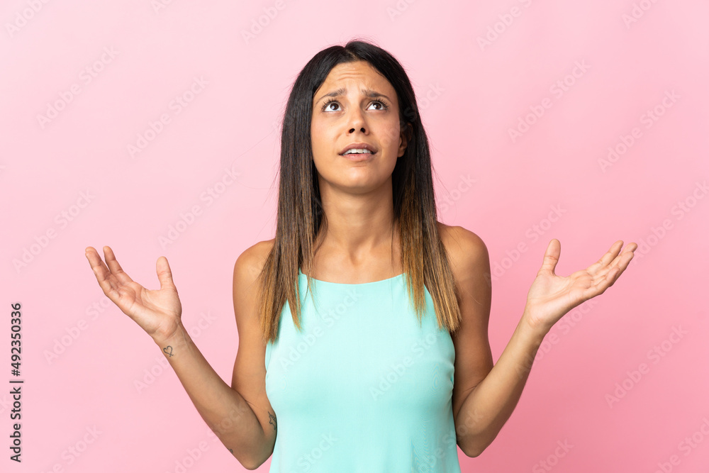 Caucasian girl isolated on pink background stressed overwhelmed Caucasian girl isolated on pink background stressed overwhelmed