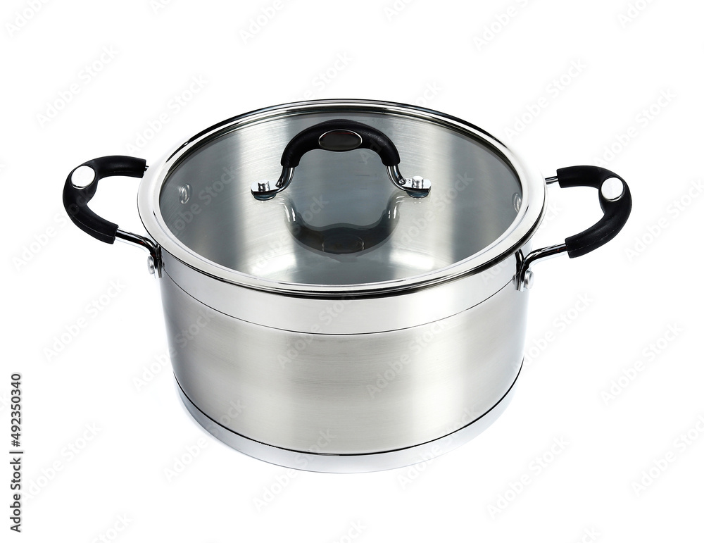 stainless steel kitchen cookware on white background stainless steel kitchen cookware on white background