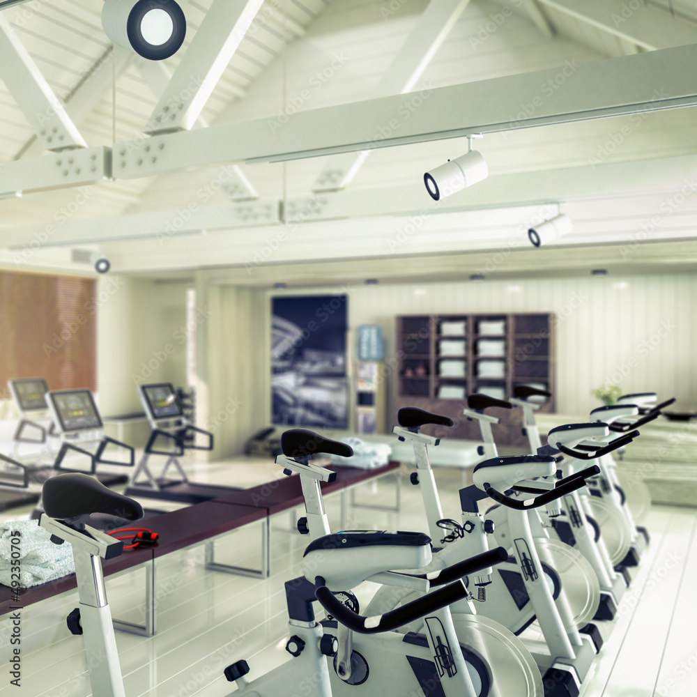 Treadmills & Bikes Inside a Gym (focused) - 3d Visualization Treadmills & Bikes Inside a Gym (focused) - 3d Visualization
