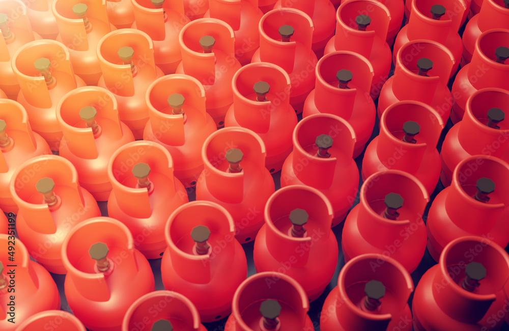 Fototapeta premium A lot of red gas cylinders with natural gas, top and side view, 3d rendering