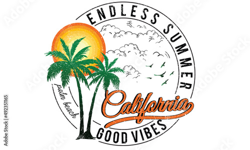Endless summer vector t-shirt design. California beach with palm tree artwork design.	