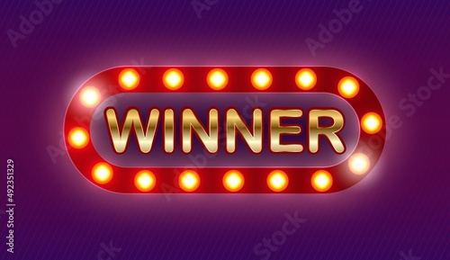 Winner banner. Win congratulations vintage frame, golden congratulating framed sign with gold confetti.