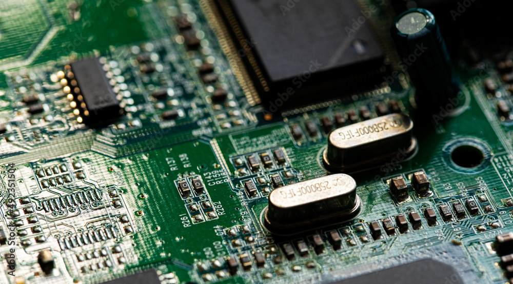 Macro Close up of components and microchips on PC circuit board Macro Close up of components and microchips on PC circuit board