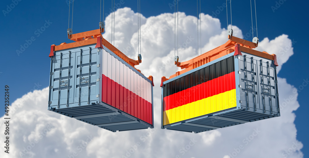 Cargo containers with Germany and Poland national flags. 3D Rendering 