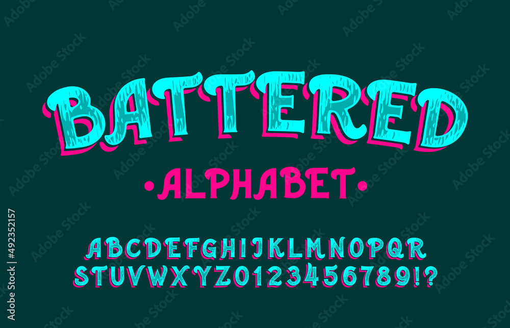 Battered alphabet font. Hand drawn fancy letters and numbers. Stock vector typescript for your typography design.