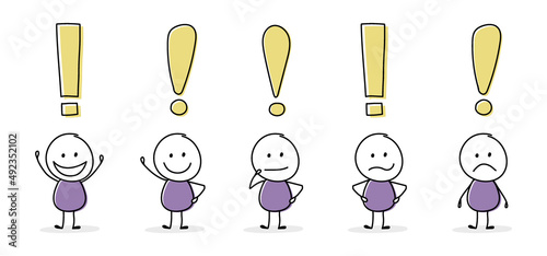 Collection of funny stickman with exclamation mark icon. Vector