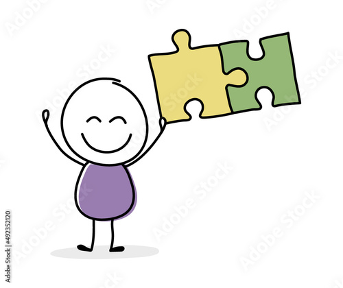 Funny stickman with puzzles. Business concept. Vector