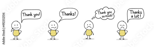 Unhappy stickman with text - thank you, thanks. Vector