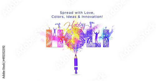 Creative concept design for Holi Festival celebration with text, Colorful powder and pencil as color gun pichkari