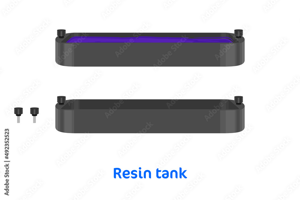 Resin tank for 3D printer with pins. Bath with polymer for SLA DLP LCD stereolithography printer with UV light with screws vector illustration isolated on white background 