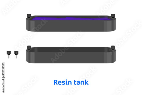 Resin tank for 3D printer with pins. Bath with polymer for SLA DLP LCD stereolithography printer with UV light with screws vector illustration isolated on white background  photo